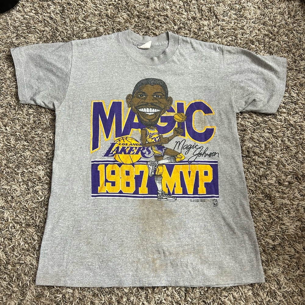 Vintage 1987 80s Magic Johnson MVP Caricature Los Angeles Lakers Shirt Sz S